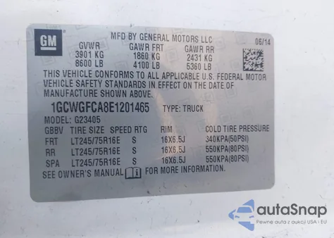 2013 Chevrolet Express 2500 Work Van z USA, uszkodzony, nr VIN 1GCWGGCA1D1134552